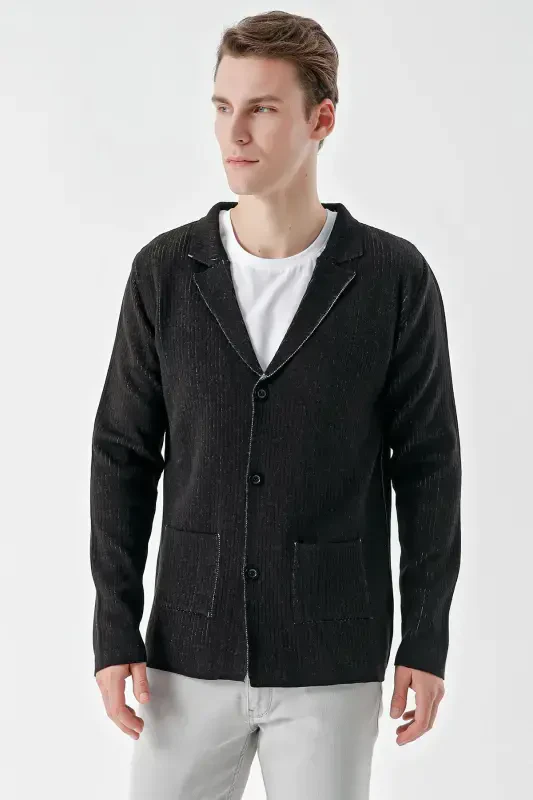 Modazone Men's Black Trendy Patterned Buttoned Knitted Cardigan - 2