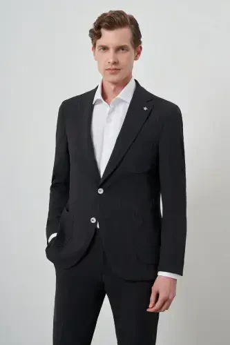 Modazone Men's Black Trendy Striped Slim Fit Peak Lapel Suit - 4