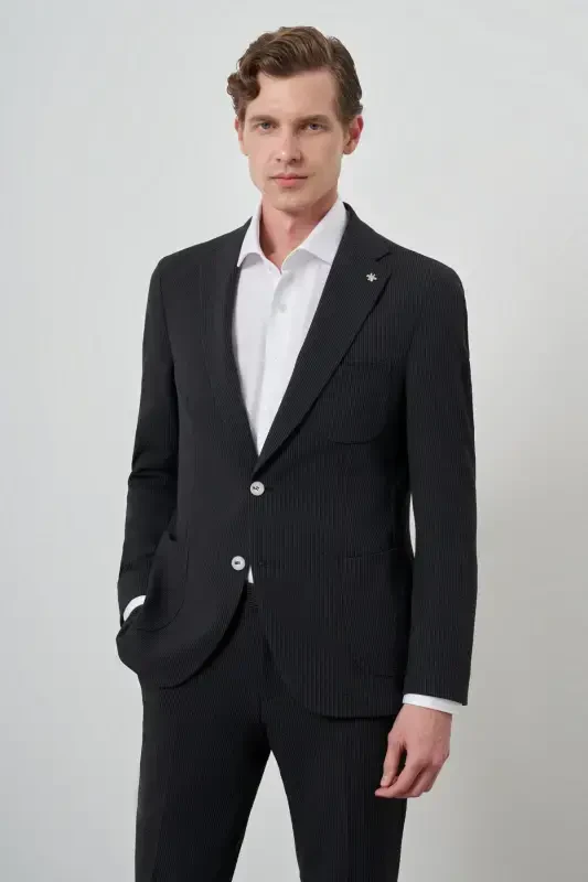 Modazone Men's Black Trendy Striped Slim Fit Peak Lapel Suit - 4