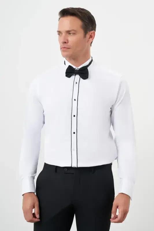 Modazone Men's Black Trim Plain Pattern Mandarin Collar Slim Fit Shirt - 1