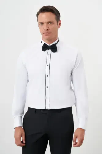 Modazone Men's Black Trim Plain Pattern Mandarin Collar Slim Fit Shirt - MORVEN (1)