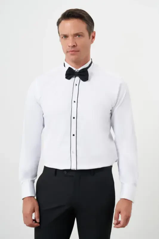 Modazone Men's Black Trim Plain Pattern Mandarin Collar Slim Fit Shirt - 2