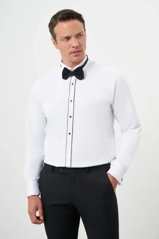 Modazone Men's Black Trim Plain Pattern Mandarin Collar Slim Fit Shirt - 3