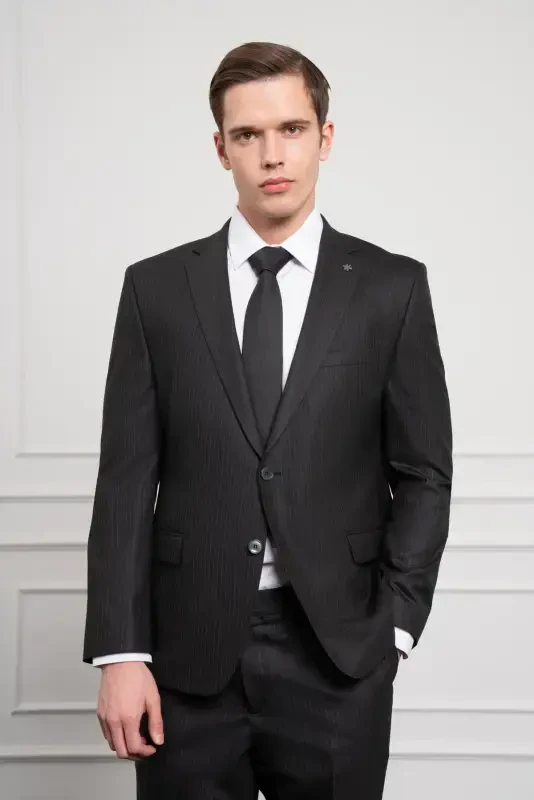 Modazone Men's Black Wool 4-Drop Dynamic Fit Mono Collar Suit - 1