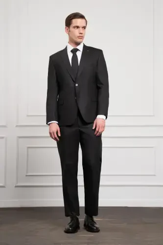 Modazone Men's Black Wool 4-Drop Dynamic Fit Mono Collar Suit - 2