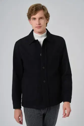 Modazone Men's Black Wool Barber Collar Shirt Jacket - 1