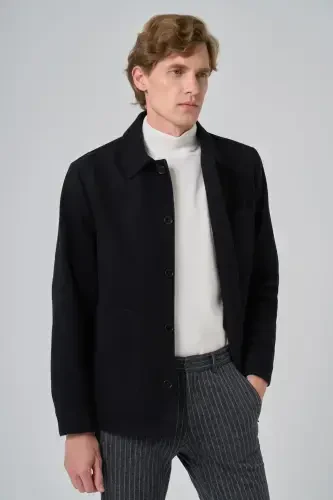 Modazone Men's Black Wool Barber Collar Shirt Jacket - 3