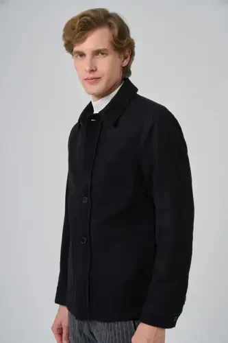 Modazone Men's Black Wool Barber Collar Shirt Jacket - 4