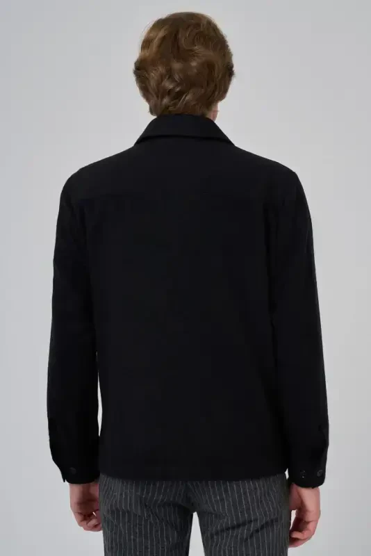 Modazone Men's Black Wool Barber Collar Shirt Jacket - 6