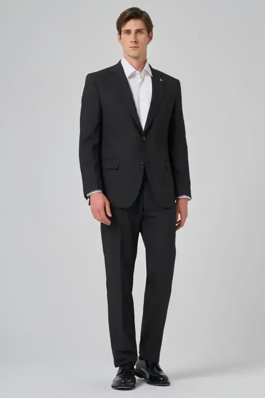 Modazone Men's Black Wool Blend Trendy Patterned Dynamic Fit Mono Collar Suit - 2