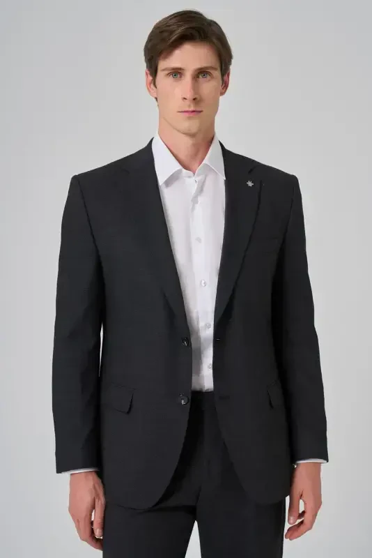 Modazone Men's Black Wool Blend Trendy Patterned Dynamic Fit Mono Collar Suit - 4