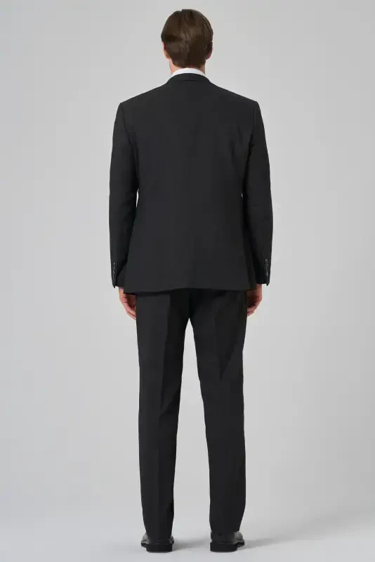 Modazone Men's Black Wool Blend Trendy Patterned Dynamic Fit Mono Collar Suit - 5