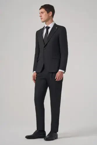 Modazone Men's Black Wool Blend Trendy Striped Slim Fit Peak Lapel Suit - 4