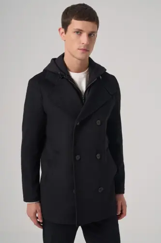 Modazone Men's Black Wool Detachable Collar Hooded Dynamic Fit Coat - 1