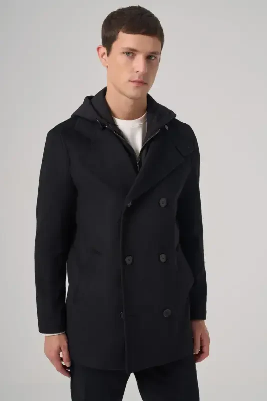 Modazone Men's Black Wool Detachable Collar Hooded Dynamic Fit Coat - 1
