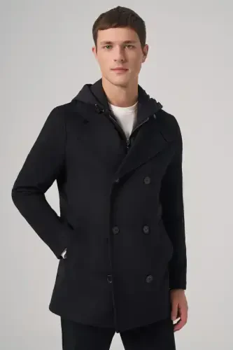 Modazone Men's Black Wool Detachable Collar Hooded Dynamic Fit Coat - MORVEN (1)