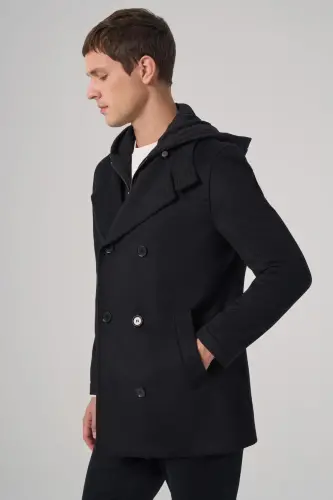 Modazone Men's Black Wool Detachable Collar Hooded Dynamic Fit Coat - 3
