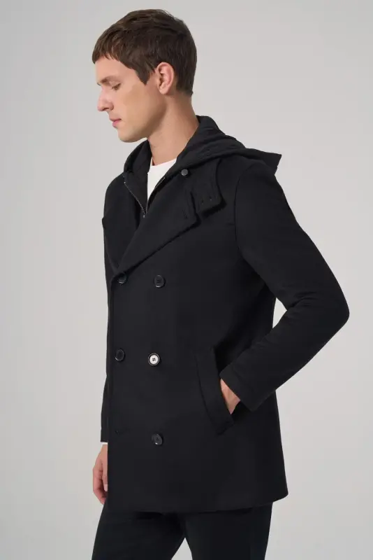Modazone Men's Black Wool Detachable Collar Hooded Dynamic Fit Coat - 3
