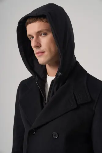 Modazone Men's Black Wool Detachable Collar Hooded Dynamic Fit Coat - 4