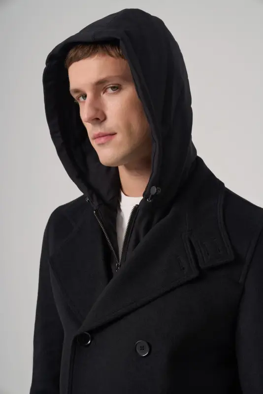 Modazone Men's Black Wool Detachable Collar Hooded Dynamic Fit Coat - 4