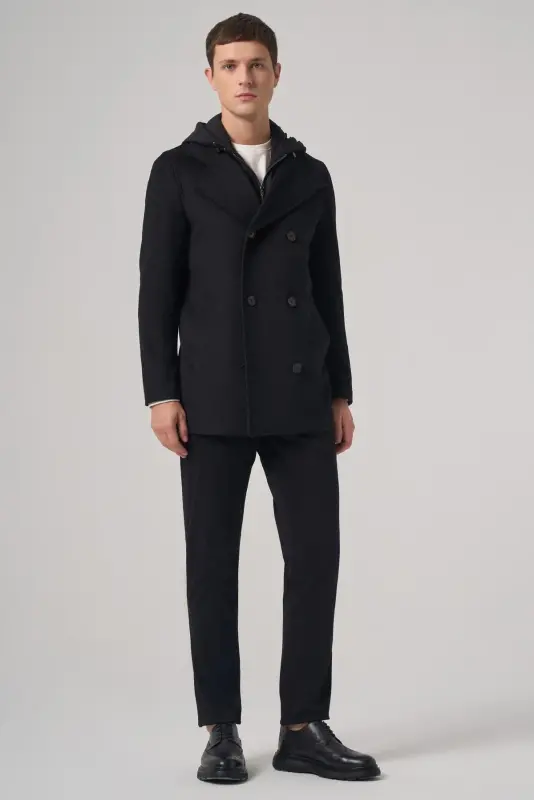 Modazone Men's Black Wool Detachable Collar Hooded Dynamic Fit Coat - 5