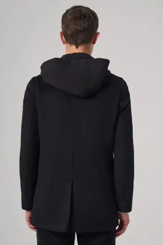 Modazone Men's Black Wool Detachable Collar Hooded Dynamic Fit Coat - 6