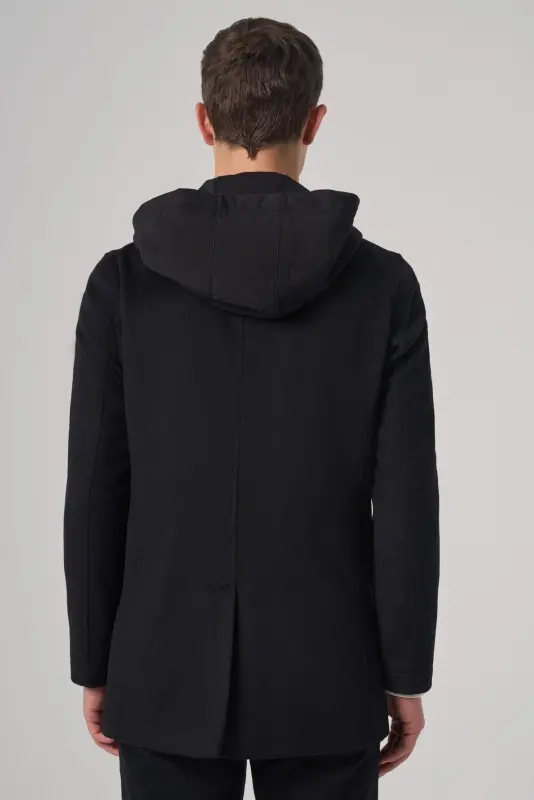 Modazone Men's Black Wool Detachable Collar Hooded Dynamic Fit Coat - 6