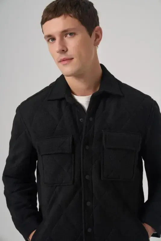 Modazone Men's Black Wool Dynamic Fit Barber Collar Coat - 1