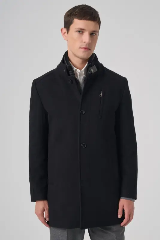 Modazone Men's Black Wool Dynamic Fit Detachable Chest Cover Overcoat - 1