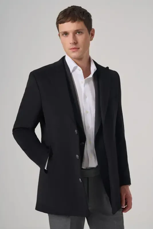 Modazone Men's Black Wool Plain Dynamic Fit Pointed Collar Coat - 2