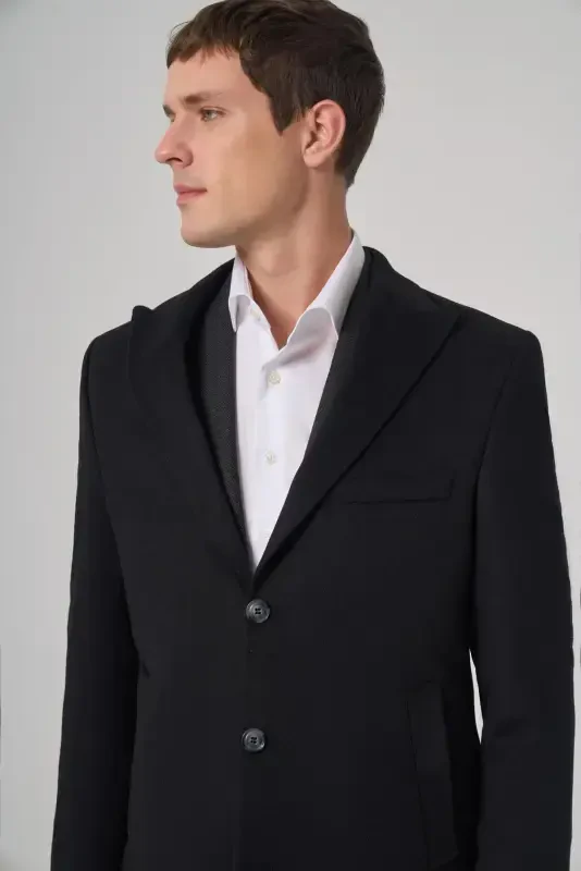 Modazone Men's Black Wool Plain Dynamic Fit Pointed Collar Coat - 3