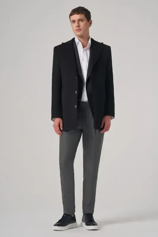 Modazone Men's Black Wool Plain Dynamic Fit Pointed Collar Coat - 4