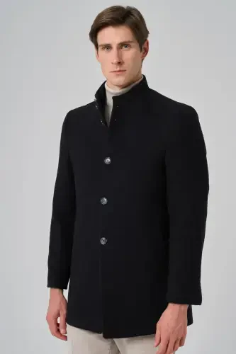 Modazone Men's Black Wool Plain Dynamic Fit Stand Collar Coat 