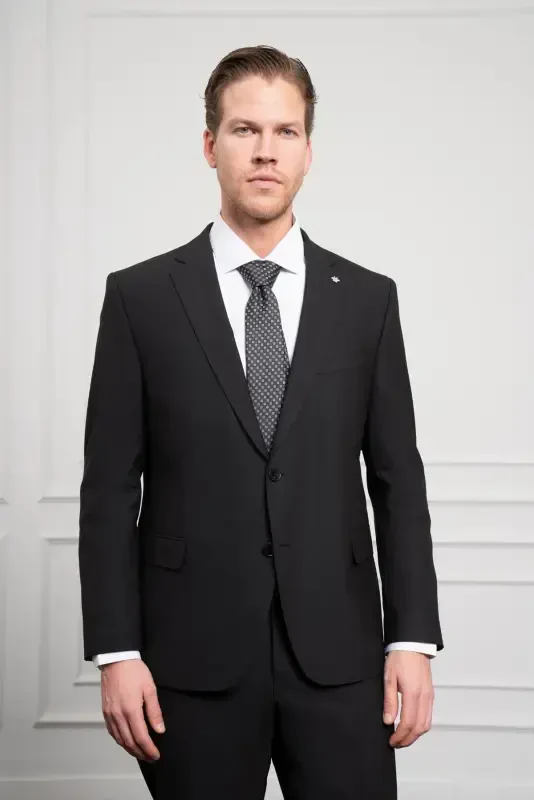 Modazone Men's Black Wool Platinium 4-Drop Dynamic Fit Mono Collar Suit - MORVEN