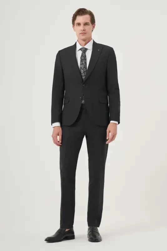 Modazone Men's Black Wool Platinum Classic Striped Slim Fit Pointed Collar Suit - 4