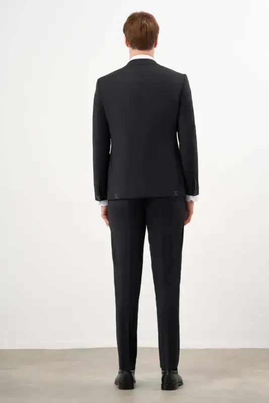 Modazone Men's Black Wool Platinum Plain Pattern Slim Fit Mono Collar Suit - 5