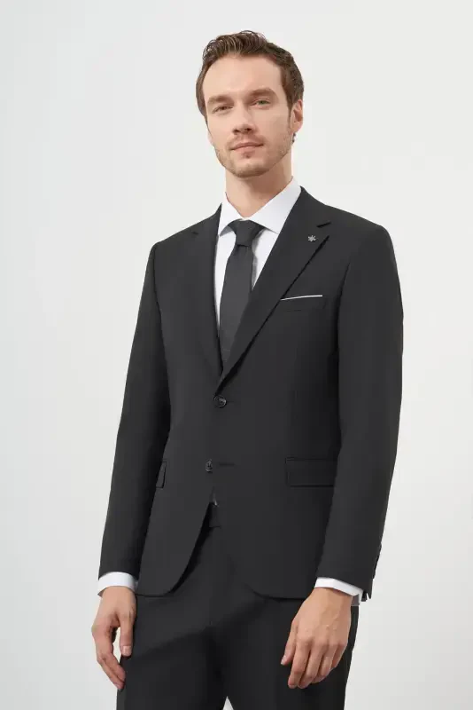 Modazone Men's Black Wool Slim Fit Peak Lapel Suit - MORVEN