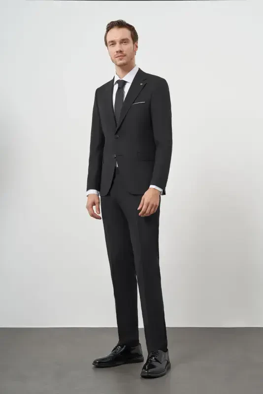 Modazone Men's Black Wool Slim Fit Peak Lapel Suit - 4