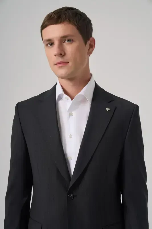 Modazone Men's Black Wool Trendy Striped Dynamic Fit Mono Collar Suit - 2