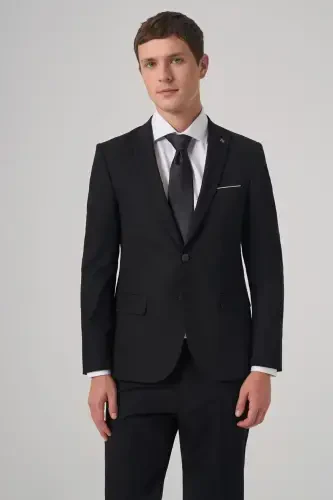 Modazone Men's Black Woolen Trend Plain Slim Fit Pointed Collar Suit 