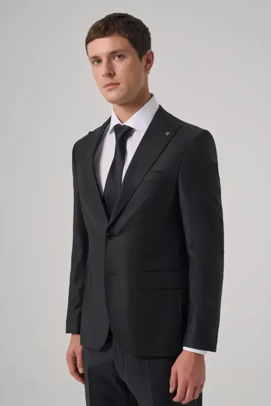 Modazone Men's Black Woolen Trend Plain Slim Fit Pointed Collar Suit - MORVEN