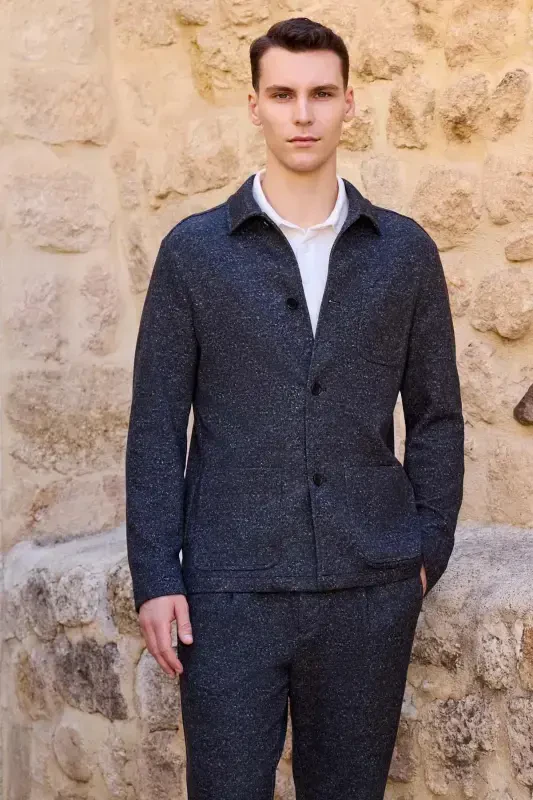 Modazone Men's Black Woolly Berber Collar Bag Pockets Shirt - 1