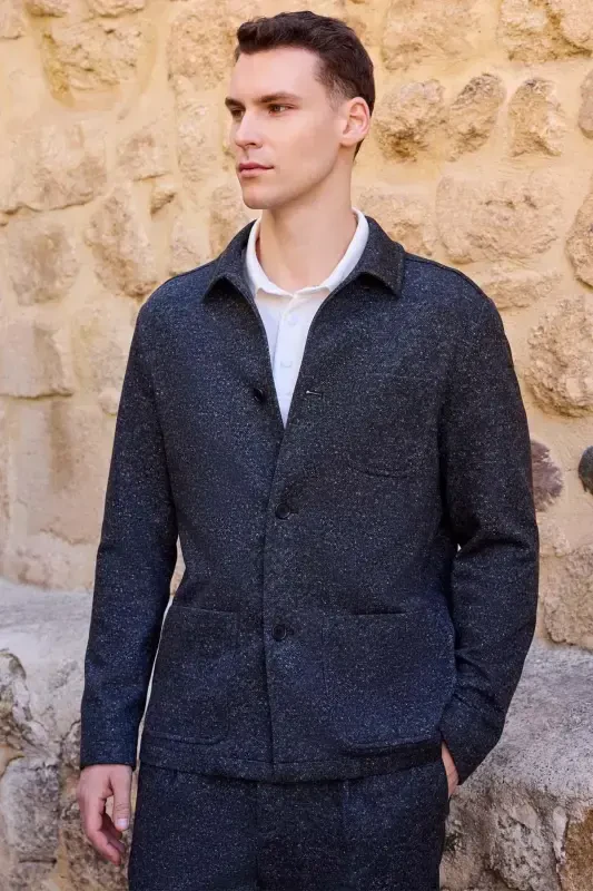 Modazone Men's Black Woolly Berber Collar Bag Pockets Shirt - 2