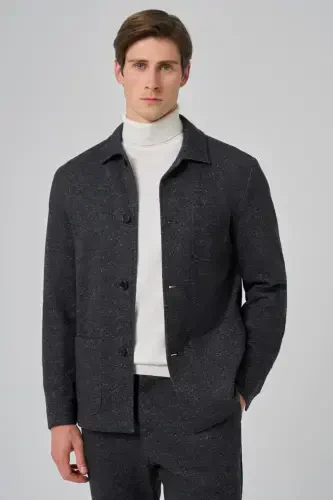 Modazone Men's Black Woolly Berber Collar Bag Pockets Shirt - 5