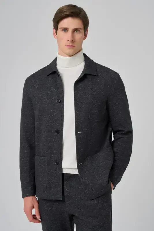 Modazone Men's Black Woolly Berber Collar Bag Pockets Shirt - 5