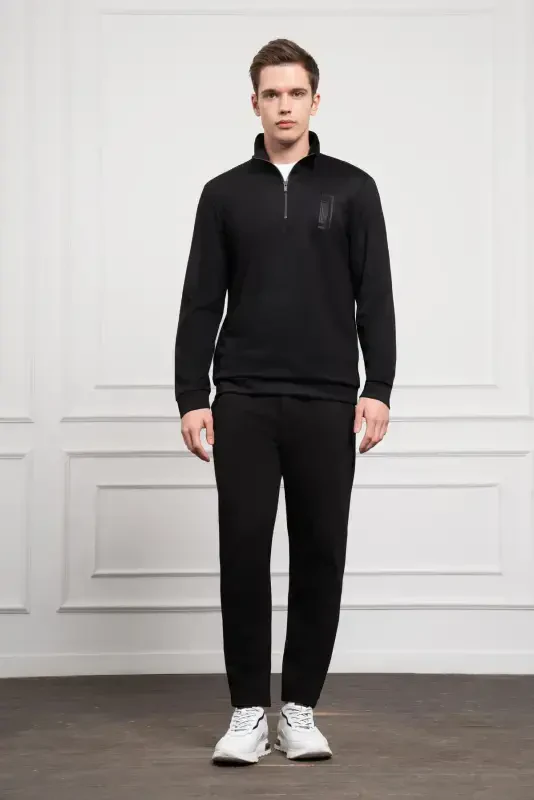 Modazone Men's Black Zippered Boat Neck Dynamic Fit Relaxed Fit Sweatshirt - 2