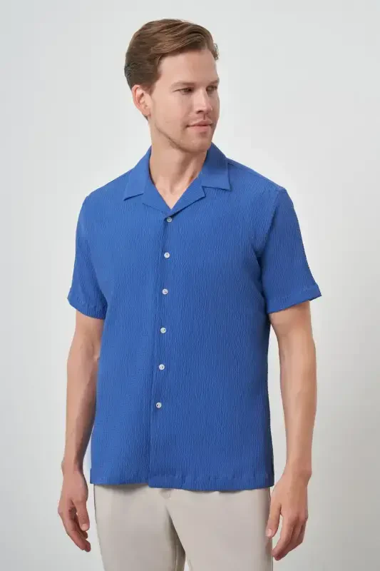 Modazone Men's Blue Apache Collar Short Sleeve Shirt - 1