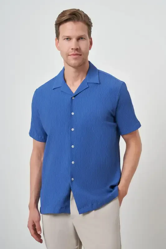 Modazone Men's Blue Apache Collar Short Sleeve Shirt - 3