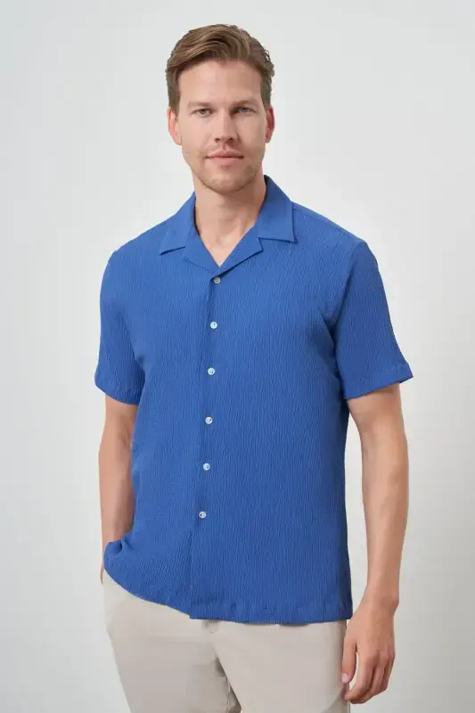 Modazone Men's Blue Apache Collar Short Sleeve Shirt - 4