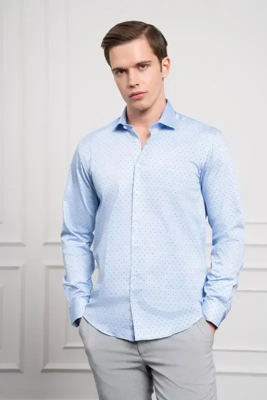 Modazone Men's BLUE Cotton Printed Patterned Italian Collar Slim Fit Shirt - 3